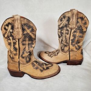 Dan Post Leather Western Boots Size 7 Tan Embellished Silver Studs Square Toe